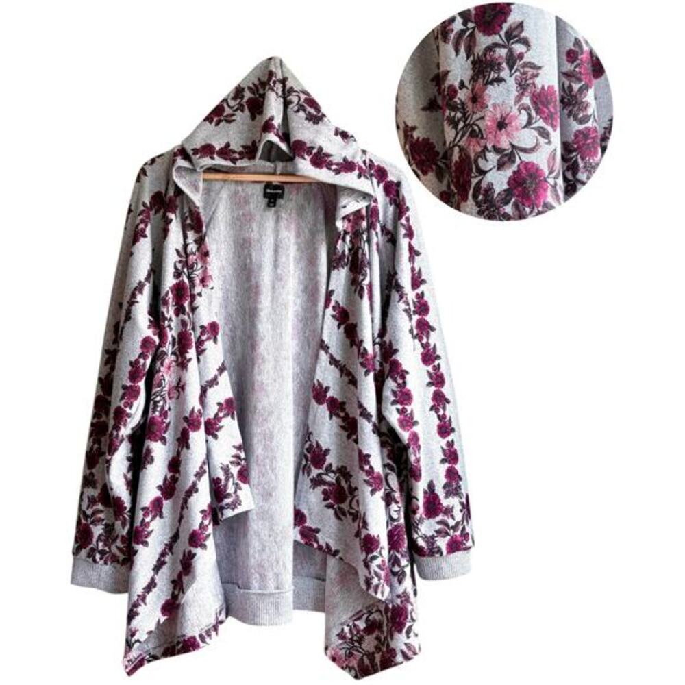 Gray Floral Hooded Open Cardigan Sweater Pink Cottagecore Db Sunday Plus Size 3X